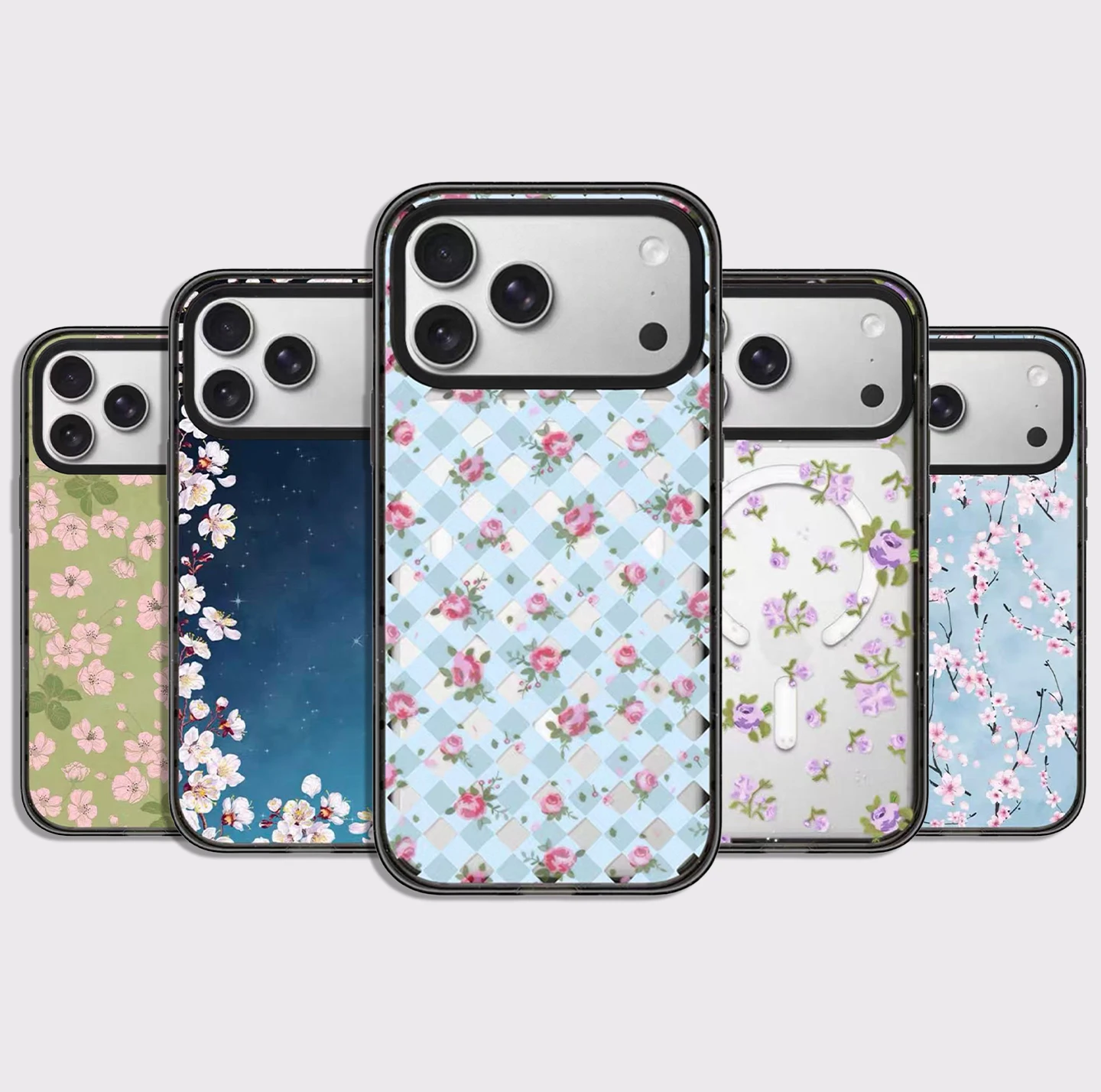 

Pink Sakura Floral Print Impact Black Border Magnetic Cover for IPhone 12 13 14 15 16 17 Pro Max Case for IPhone 17 Air