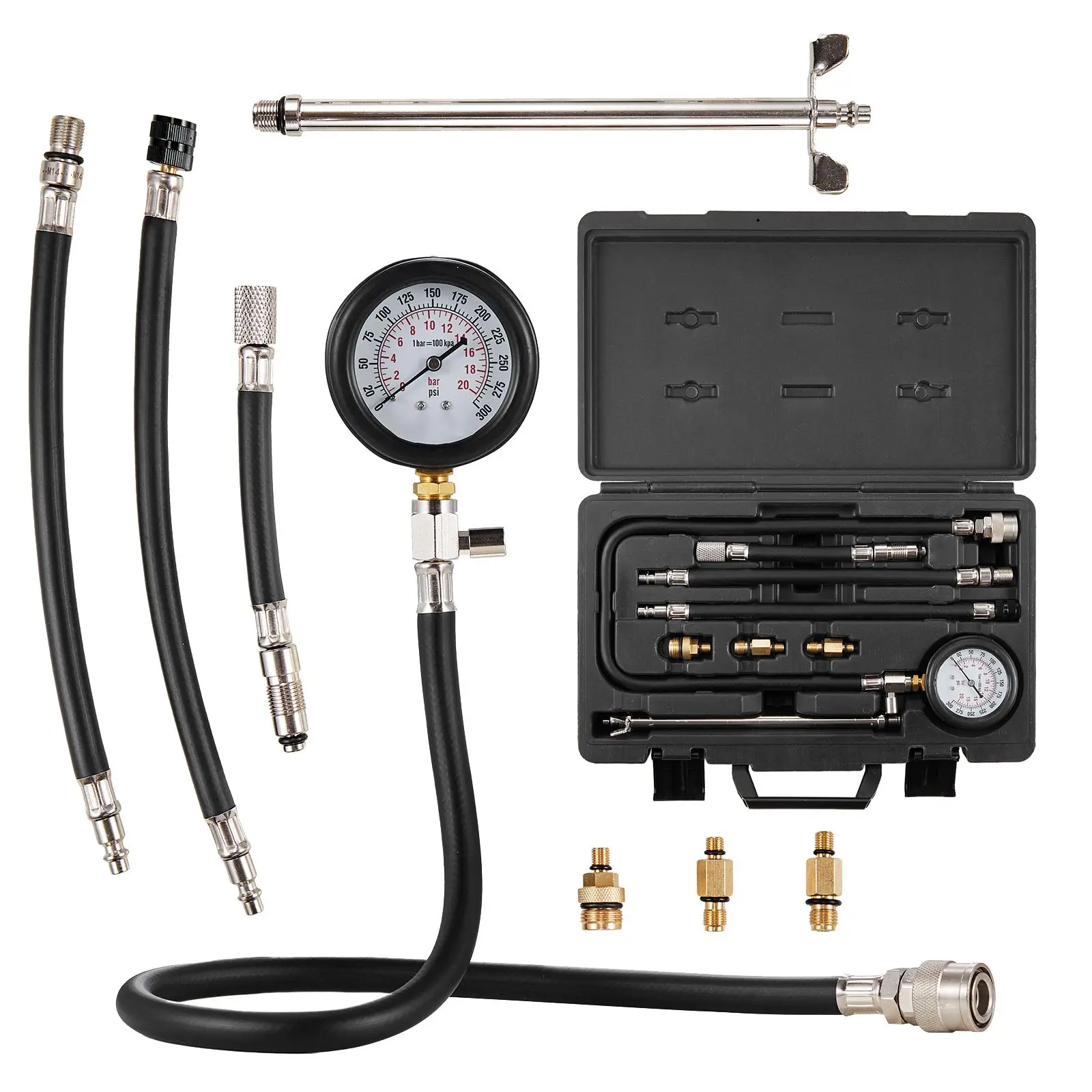 Compression Tester Adapter Kit, 9 Pcs Automotive Engine Cylinder Leak Down Compression Test, Accurate Dual Scale Pressure Gauge
