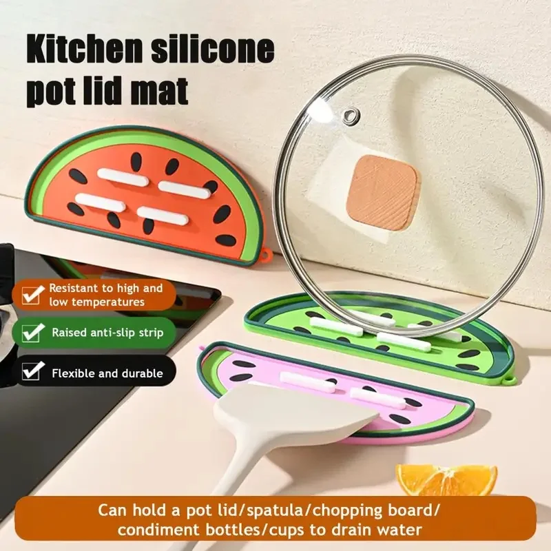 1PC Cute Watermelon‑Shaped Silicone Pot Lid Holder Multifunctional Kitchen Counter Drying Trivet Mat Heat‑Resistant Spoon Rest