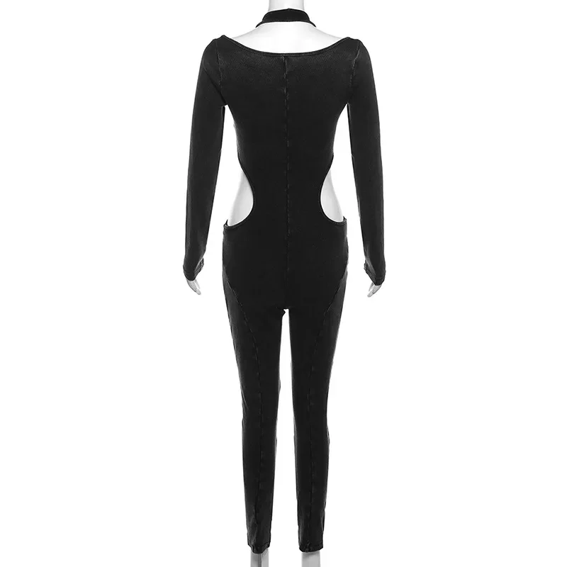 Women Rib Knitted Fitness Jumpsuit Sexy Hollow Out Halter Long Sleeve Skinny Casual Sport One Piece Overalls Yoga Rompers