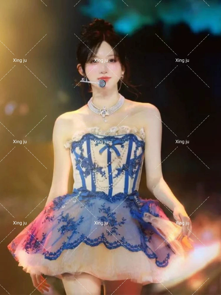 Kpop Damska Grupa Letnia Nowa Impreza Biała Słodka Bez Ramiączek Księżniczka Krótka Sukienka Jazz Dance Show Kostiumy Sceniczne Wakacje Rave Wear