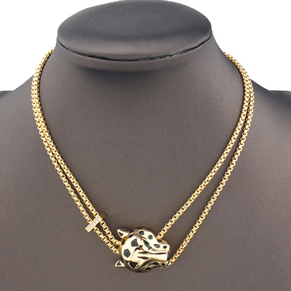 

Zlxgirl jewelry Gold Silver Leopard Shape Animal Punk Necklace jewelry high Quality Zircon Jet Enamel chain animal Pendant Gift
