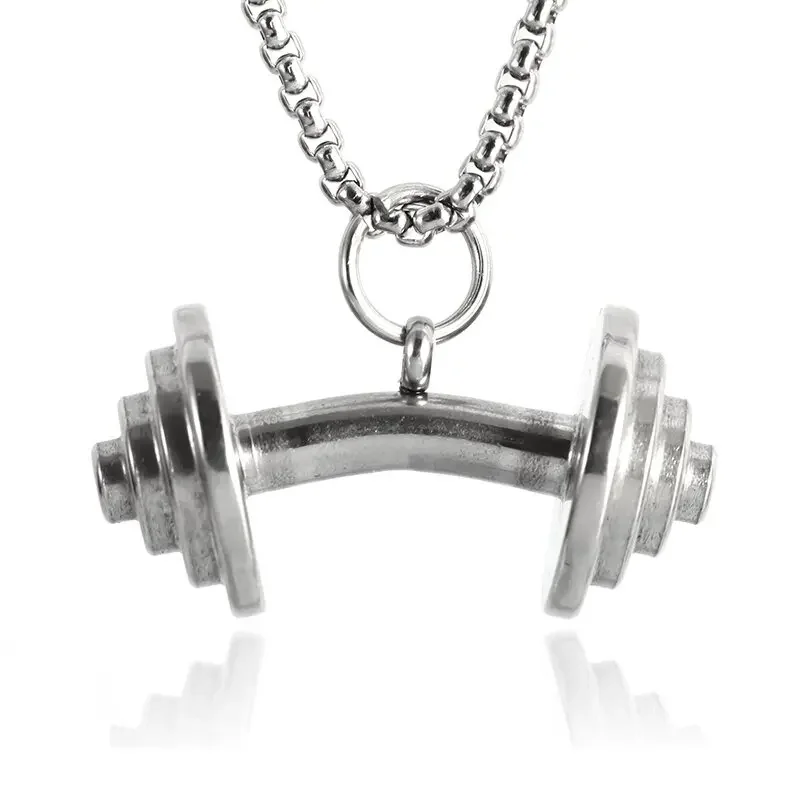 Men's Hip Hop Fitness Barbell Dumbbell Pendant Stainless Steel Bodybuilding Necklace Men's Sports Gym Jewelry