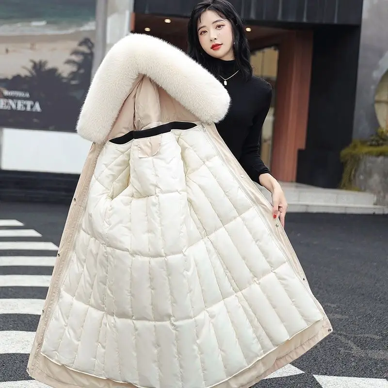 

Элегантные зимние меховые пуховики с капюшоном, женская одежда, хлопковое стеганое пальто, теплые толстые длинные парки, зимняя женская зимняя куртка-пуховик