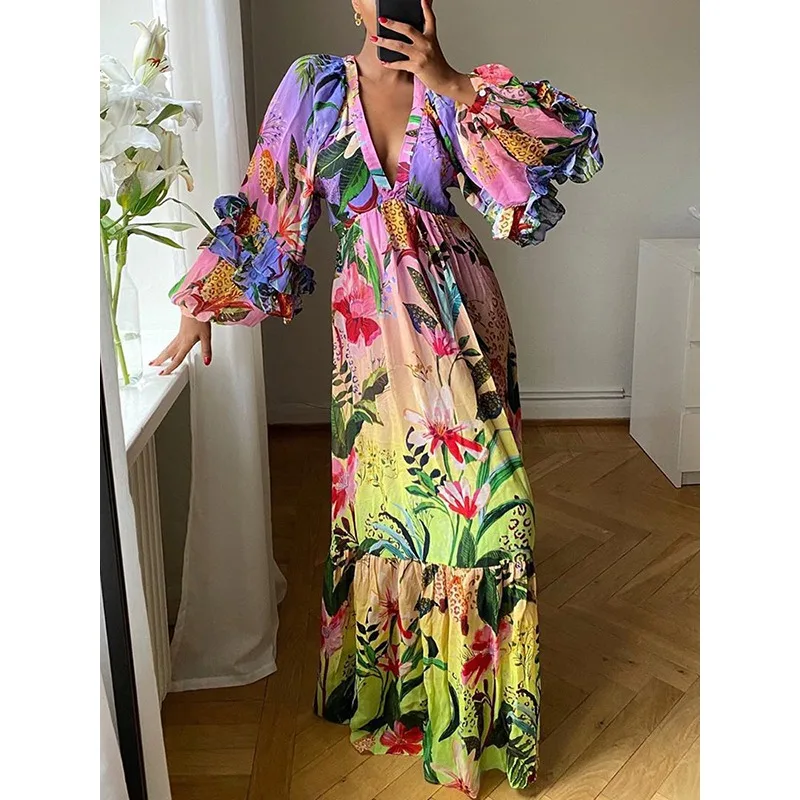 

Tinaa Holiday Vacation Women's Dresses 2025 Lantern Sleeve Deep V-neck Full Printing Party Folds Female Long Dress 130295