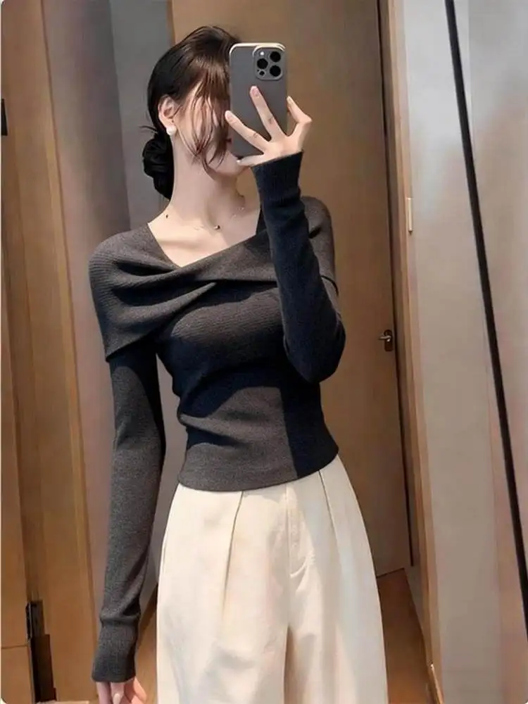 

Ele Knitted One-oulder Knot Top Women's Autumn Winter Slimming Inner Wear Unique Base Layer irt Soft Long Sve