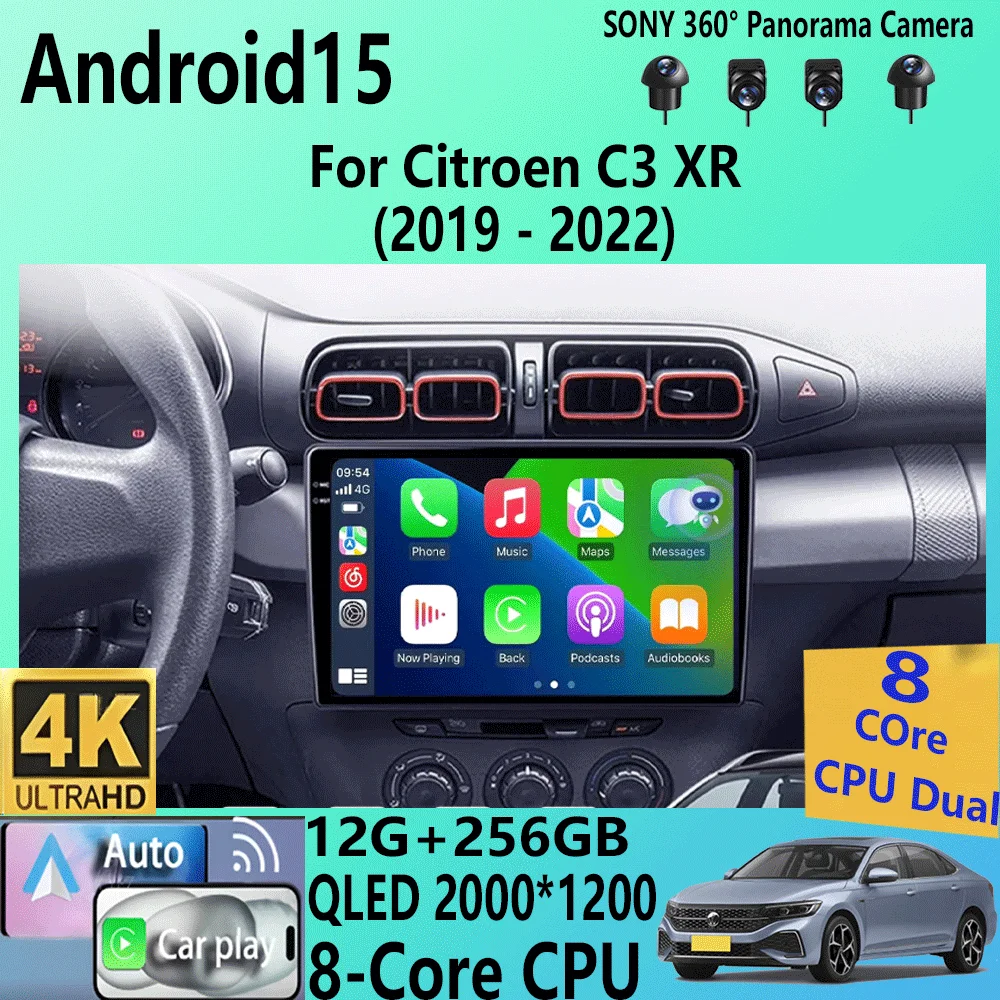 Android 15 Carplay Car Radio For Citroen C3 XR 2019 2020 2021 2022 Navigation Multimedia Player Stereo WiFi+4G video BT DVD 2DIN