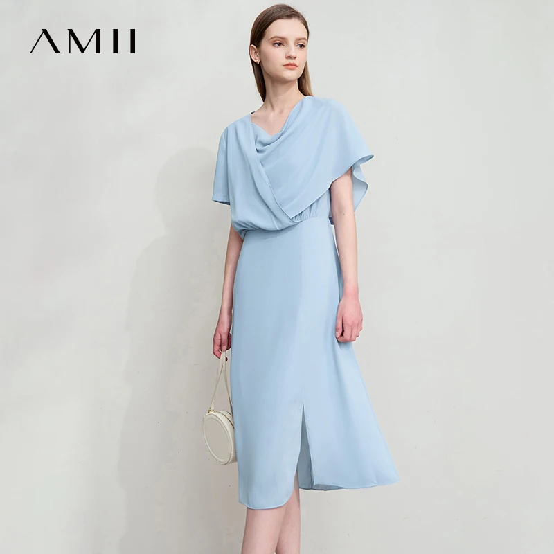 

Amii Minimalist Light Luxury Dress 2025 Summer New Office Lady Elegant Ruffle Short Sleeves Swing Neck Midi Dress Robe 12552097