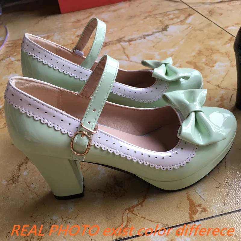 ASILETO 2023 Spring Bowtie Cute Pumps Mary Round Toe PU Buckle Strap Sweet 9cm Block Heels Big Size 33-46 A4089 Green