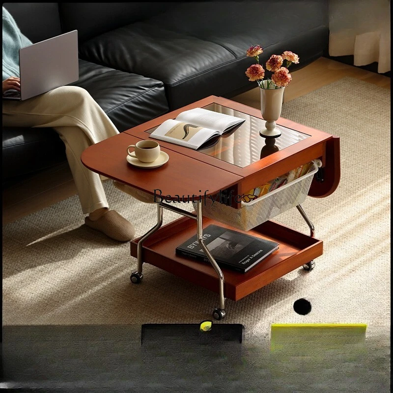 

*Nordic solid wood folding coffee table movable cart retro storage