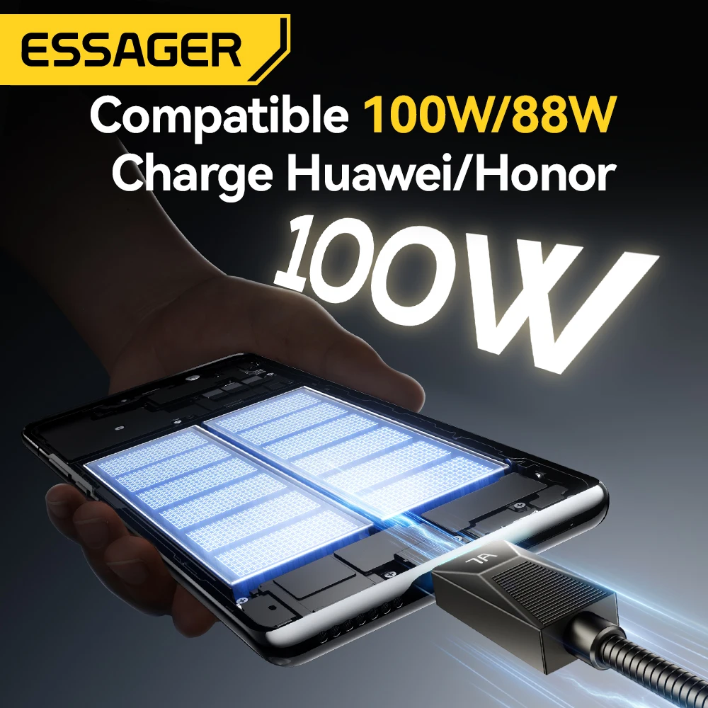 Essager 7A USB نوع C كابل لهواوي الشرف سامسونج OnePlus ممن لهم فيفو Xiaomi 15 100 واط/88 واط الفولاذ المقاوم للصدأ شحن سريع سلك البيانات #2