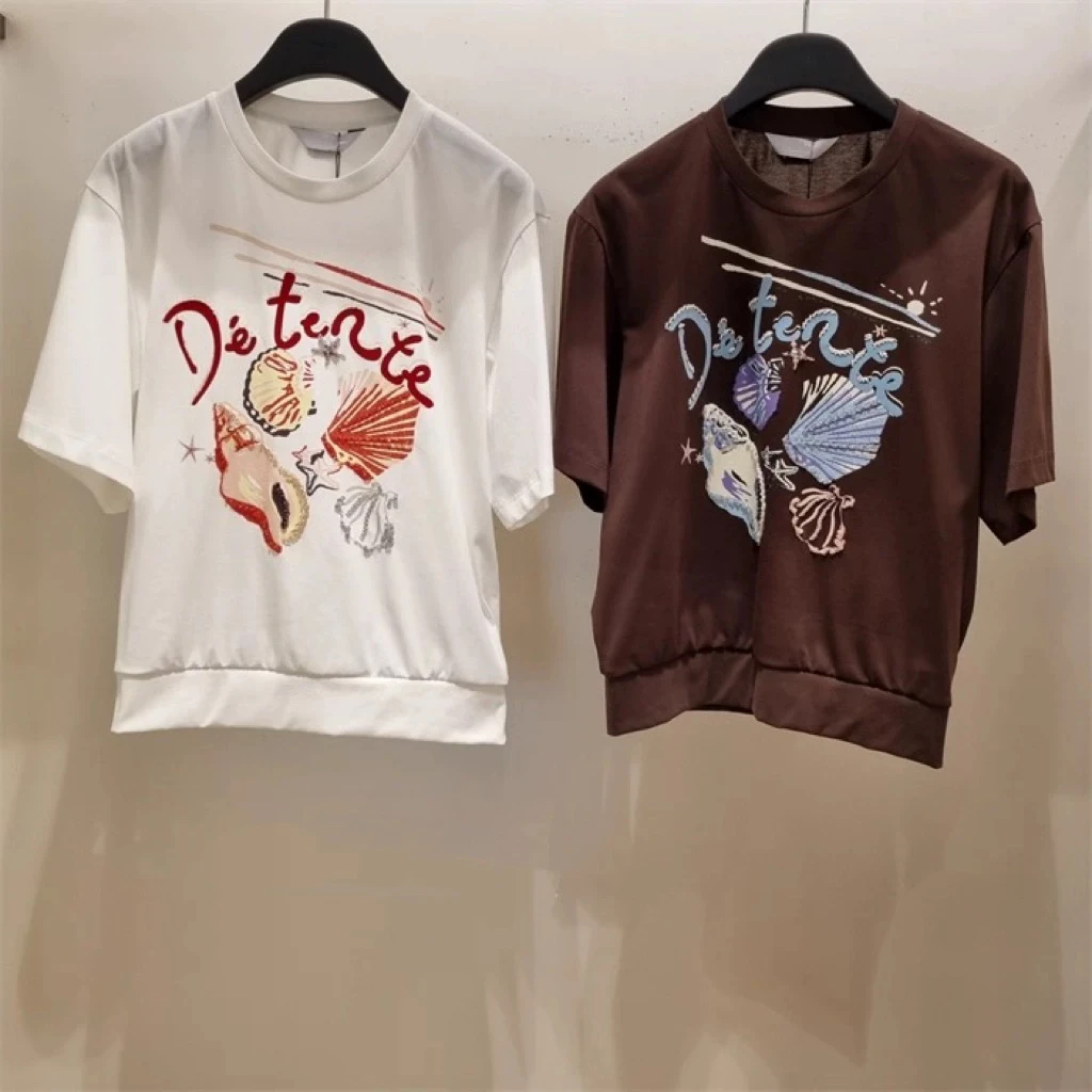 

Korean Single 0BZ*25 Summer Casual round Ne Loose Fit Heavy Hand Sewn Beading Printing Versatile ort Sve T-irt