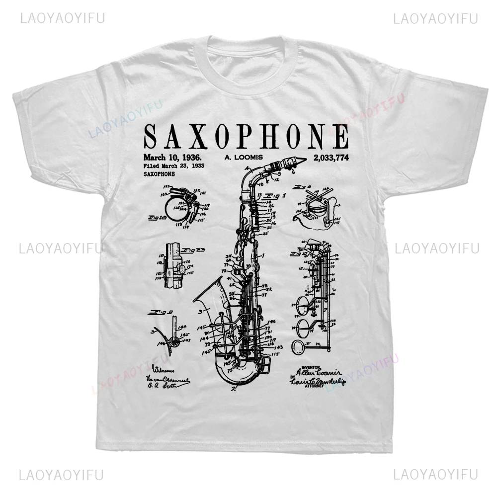 Funny Saxophone Patent Blueprint Musical Instrument Tees Fashion Casual Streetwear Hip-hop Hipster Loose O-neck Hot Sale Tshirt