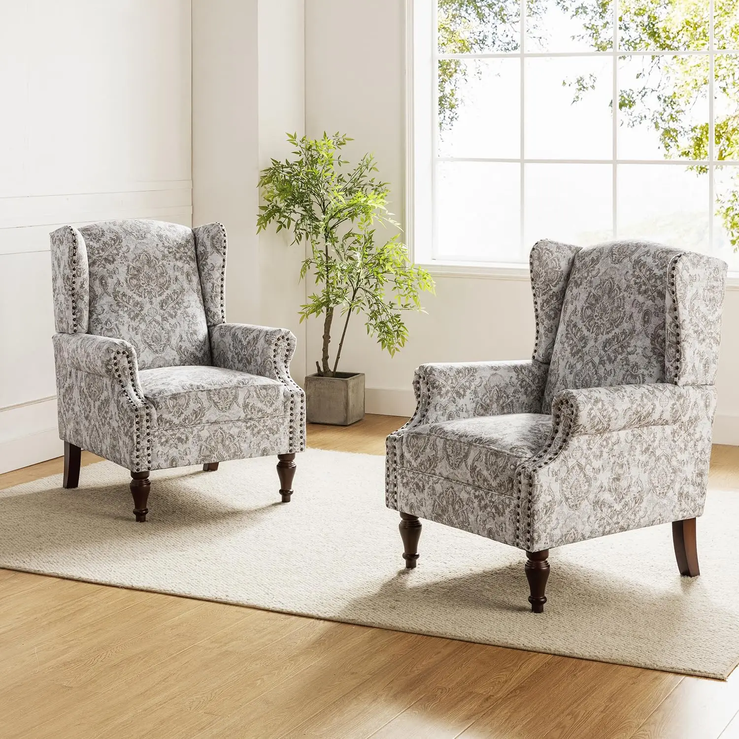 

Wingback Floral Accent Chair Set 2 Fabric Armchair Nailhead Trim Wood Legs Traditional Living Room Beige,Customized