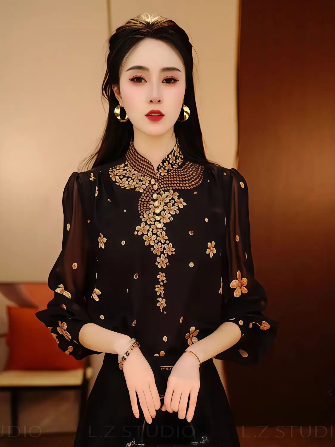 

Осень-зима, элегантная блузка с уникальным принтом и воротником-стойкой, рубашки с длинными рукавами для женщин, шикарные женские топы в корейском стиле