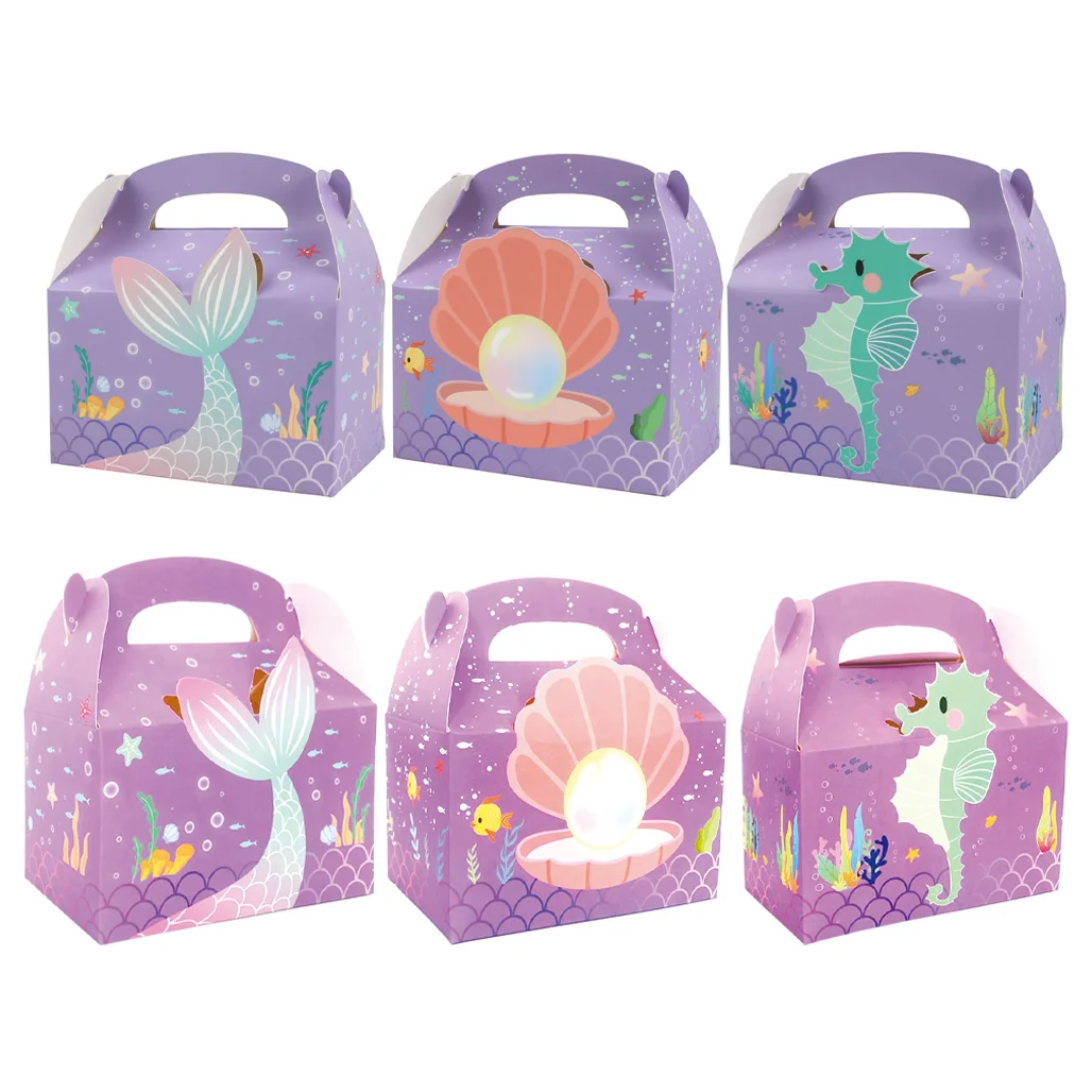 Purple Mermaid Tail Gift Boxes Ocean Pearl Seahorse Candy Cookie Packaging Paper Box For 1st Birthday Party Favors Supply