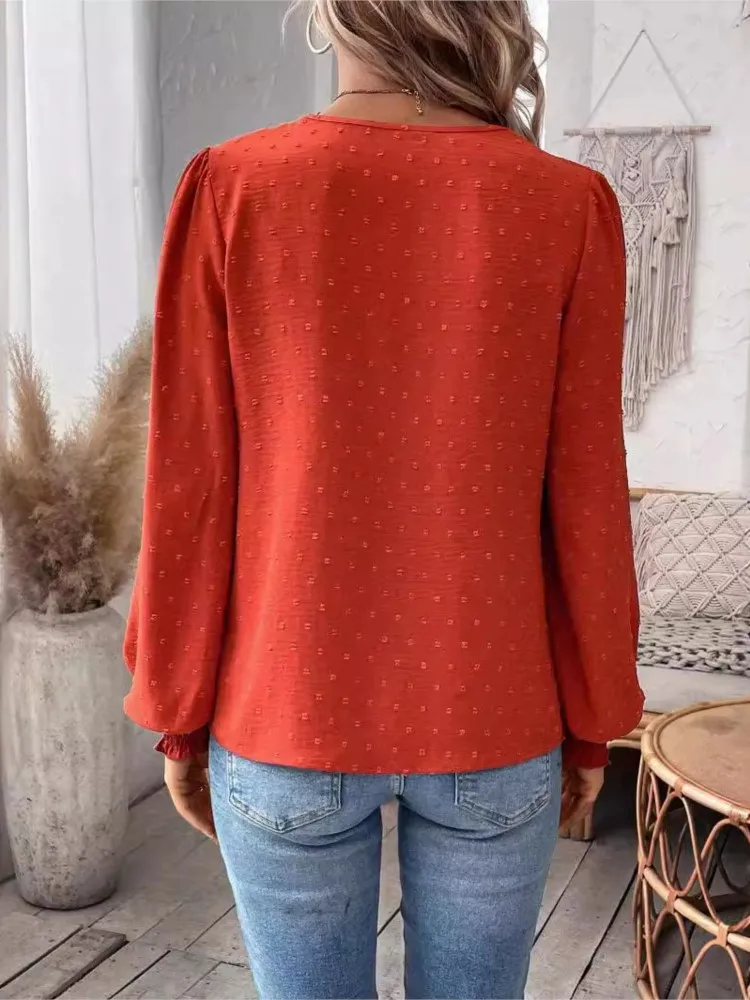 New Fashion Lace Solid Color V-neck Long Sleeve Shirt Casual Tops For Women 2024 Autumn Winter Elegant Office Lady Blouses Top