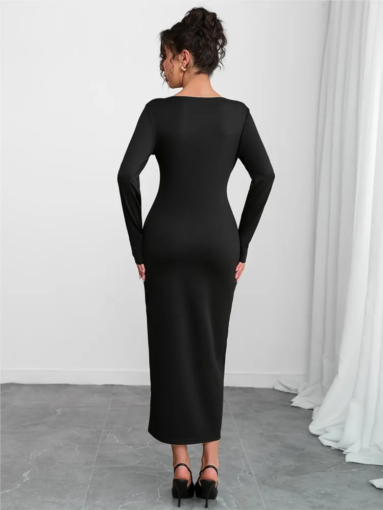 Autumn Dress Women Bow Elegant Split Sexy Fashion Ladies Dresses Bodycon Slim High Waist Woman Long Dress