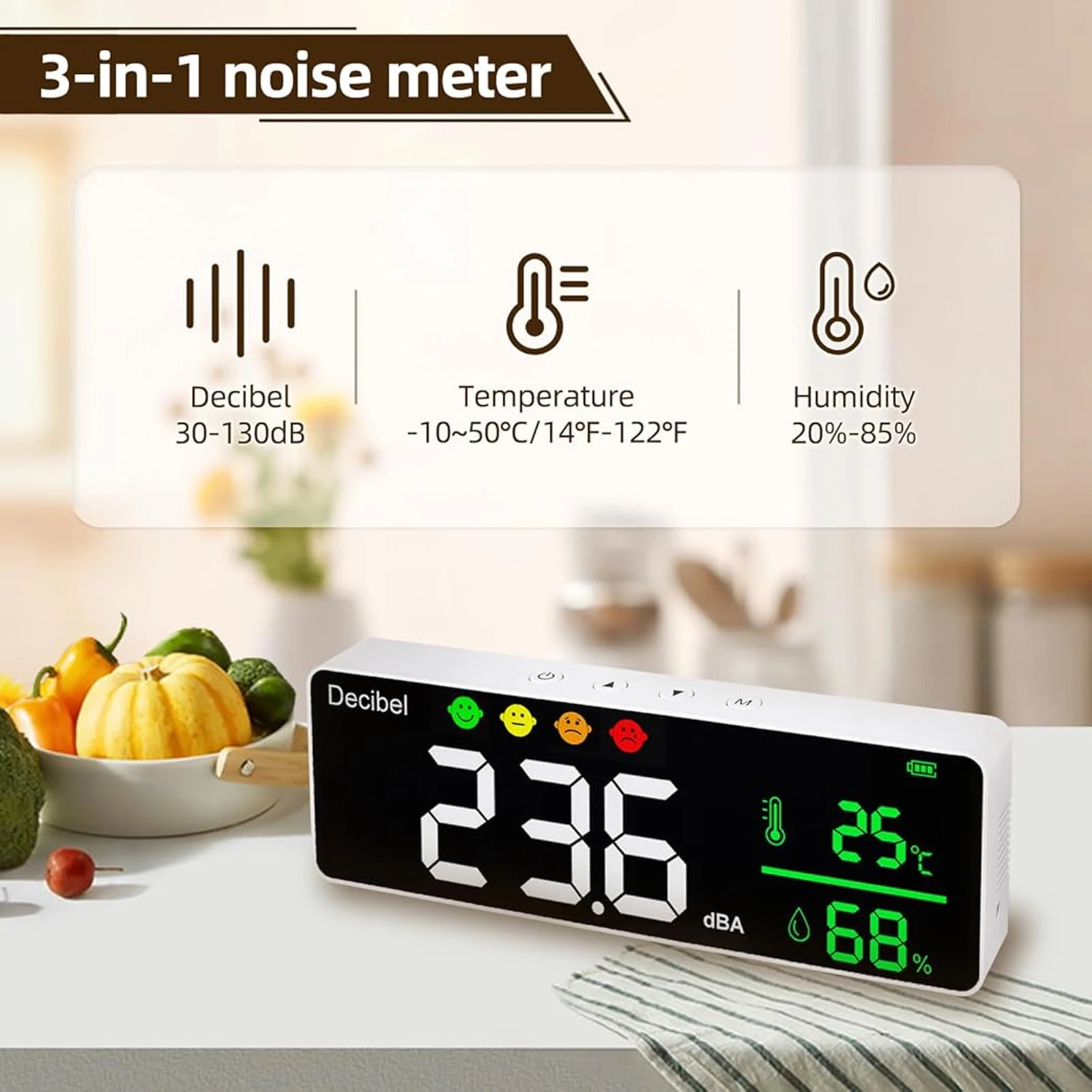 Decibel Meter, 11 Inch Large LED Display Wall Hanging Sound Level Meter, With Alarm Icons Indicator, For Classroom & Studio
