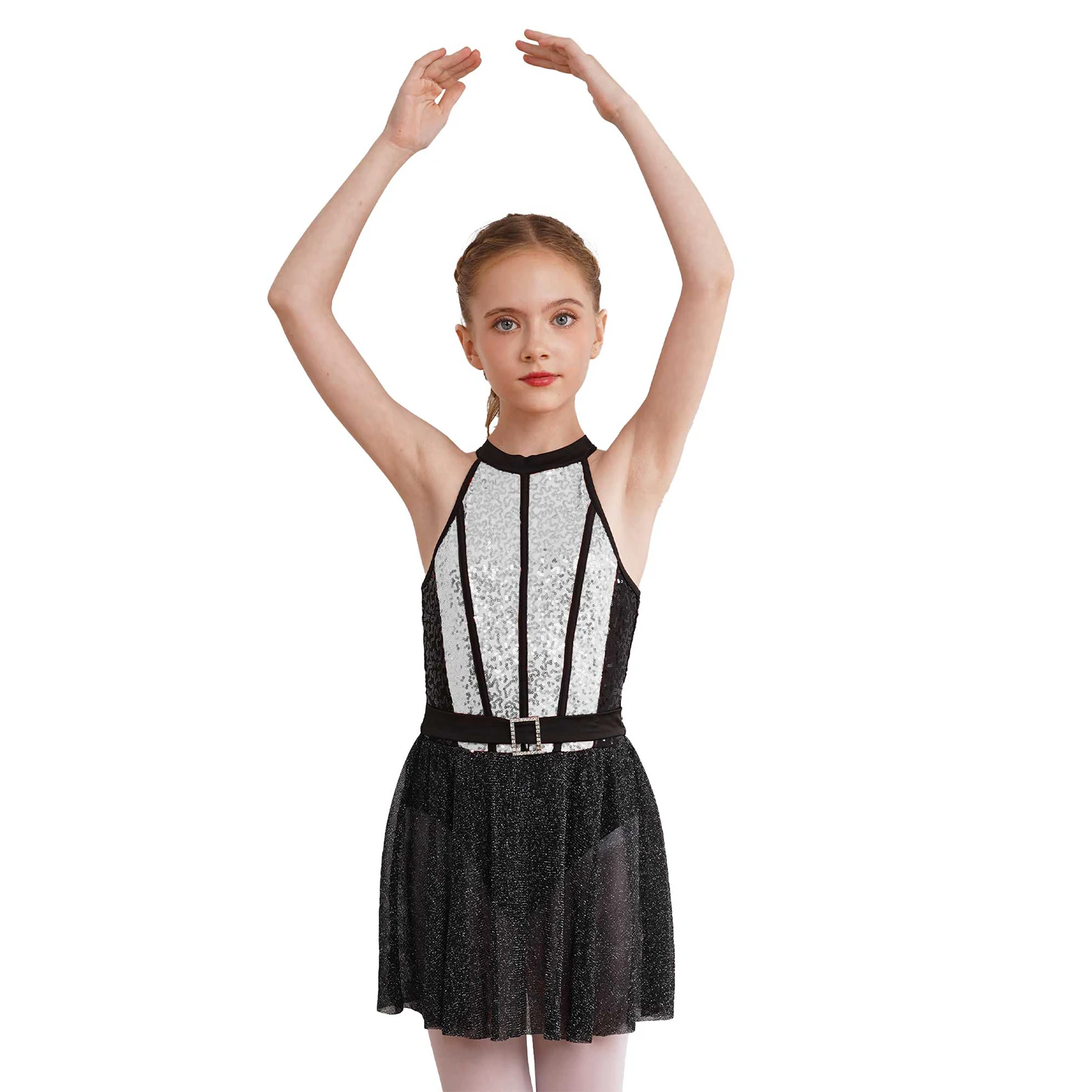 Mode Kinder glänzende Pailletten Jazz Tanz Kostüm ärmellose schimmernde Saum Mädchen Latin Dance Trikot Kleid Kinder Bühne Tanz kleidung