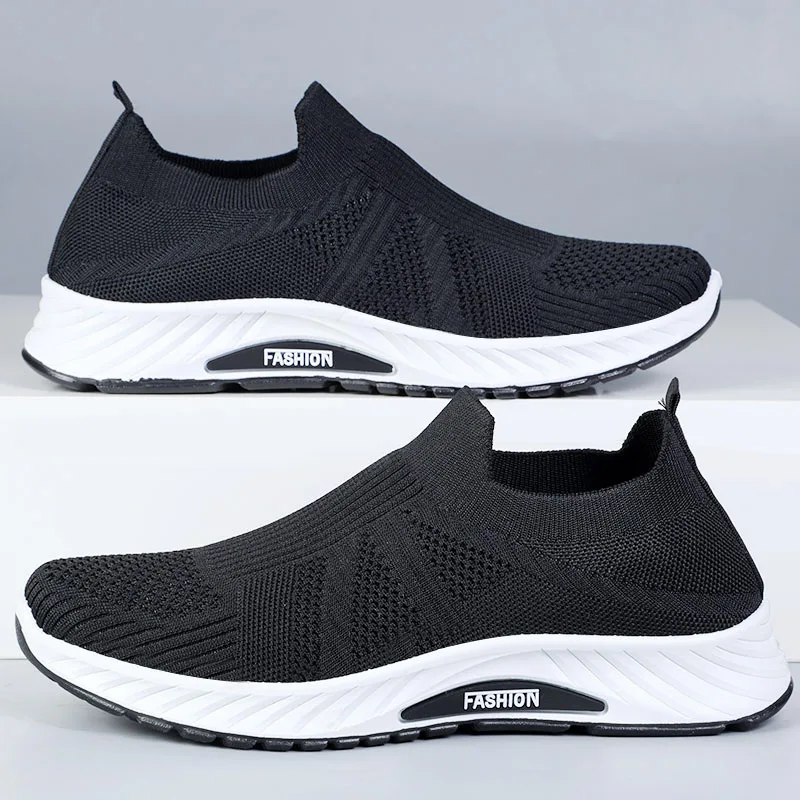 Atmungsaktive Herren-Slipper aus Strick, leichte, gepolsterte Sohle, runde Zehenpartie, Outdoor-Sneaker für ältere Menschen – Detail 5