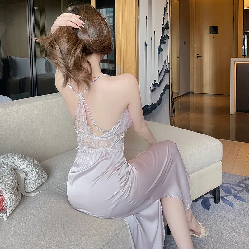 Elegant Long Robe Suit Sexy Home Dressing Gown Lace Trim Kimono Bathrobe Backless Nighty&robe Set Intimate Lingerie Nightgown