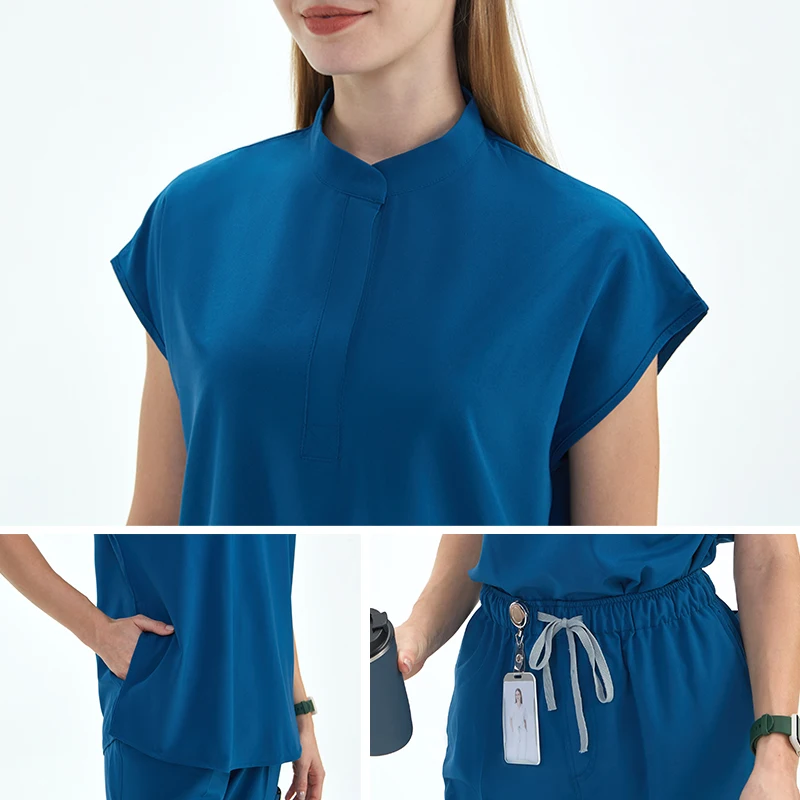 Premium Damen OP-Peeling-Uniform-Set, Tunika-Oberteil, Joggerhose, 10 Taschen, Krankenhaus, Arzt, Zahnarzt, Arbeitskleidung, Krankenpflege-Peelings S180-02