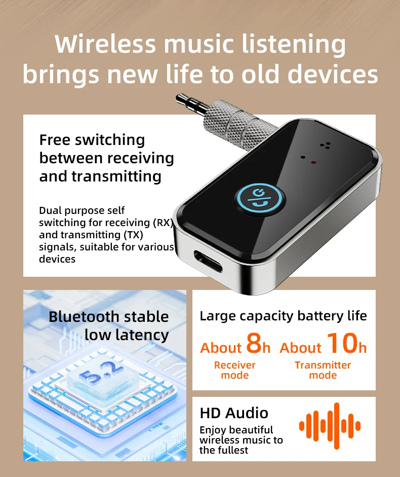 Bluetooth 5.4 Sender Empfänger 2 in 1 Wireless Audio für Auto Musik Kopfhörer Lautsprecher 3,5 mm Klinke AUX Wireless Audio Adapter – Detail 2