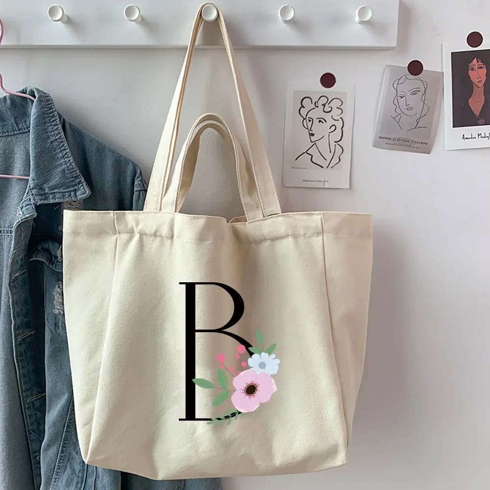 Women's Shopping Organizer Bags Canvas New Style Flower and Black Letter Series Shoulder Bags Reusable Casual Handbag Tote Bags