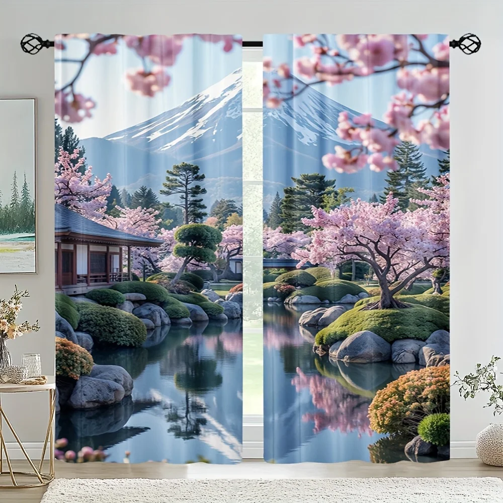 Japanese Garden Cherry Blossom and Mountain View Curtain 3D Printed Scenery Pattern Bedroom Living Room Decorative Blackout