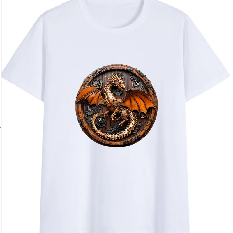 Cotton  100% Men Steampunk Dragon Graphic T‑Shirt Vintage Myth Creature Print Short Sleeve Casual Summer O‑Neck Tees Tops
