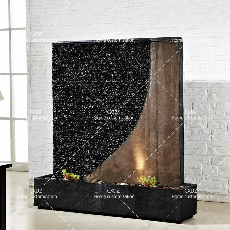 Large Floor to Ceiling Water Curtain Wall Rockery Flowing Water Fountain Feature Chinese Living Room Stone Decorative Feng