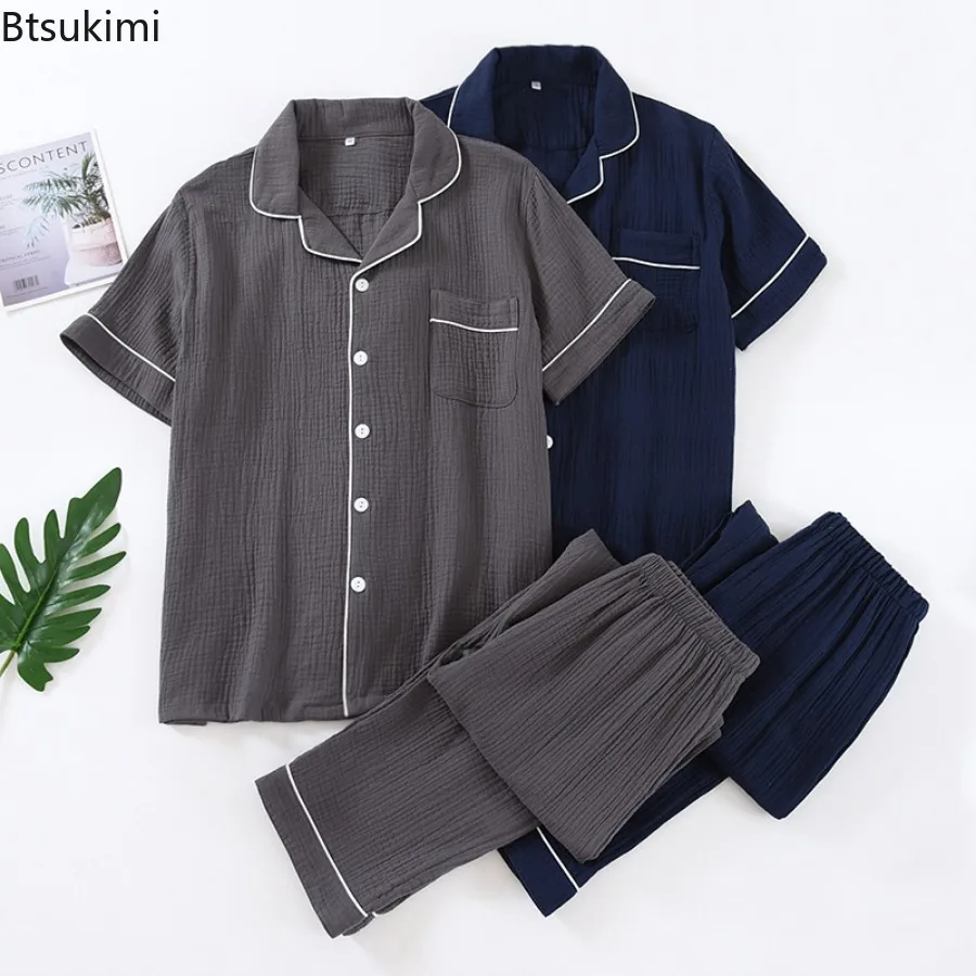 2024 Men's Pajama Sets 100% Cotton Crepe Casual Homewear Two Pieces Short Sleeve Tops and Pants Men Simple Lounge Sleepwear Suit