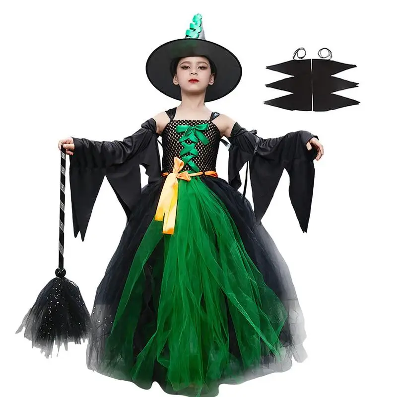 Costume de Sorcière avec Chapeau et Balai pour Fille, Robe d'Halloween en Dentelle, 4 Pièces