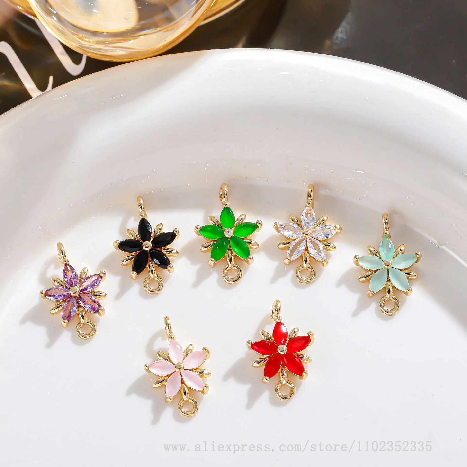 20pcs/ Bag  Copper gold-plated zircon colorful five petal flower double pendant earrings bracelet necklace DIY accessories