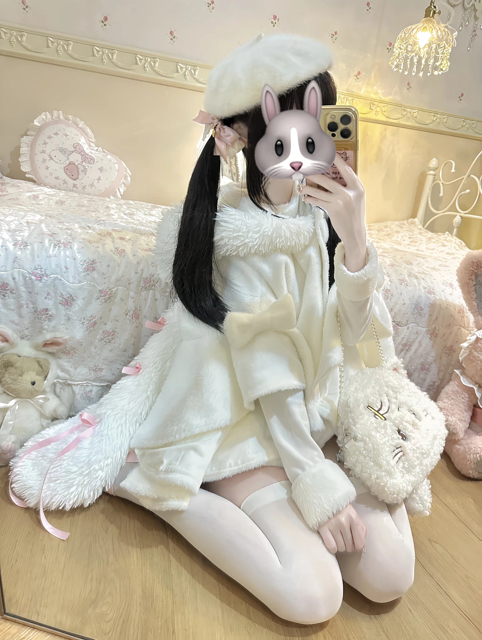 Japanese Sweet Lolita Hooded Cloak Winter New Girls Kawaii Rabbit Ears Bow Soft Loose Short Jacket Coats Women Y2K Capes Ponchos