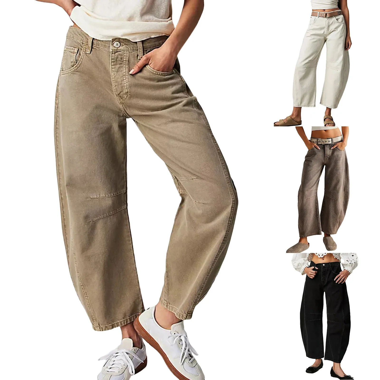 

Women's Fashion Denim Trousers Solid Color High Waist Washed Cropped With Pockets Casual Loose Wide Leg Long Jeans Pants