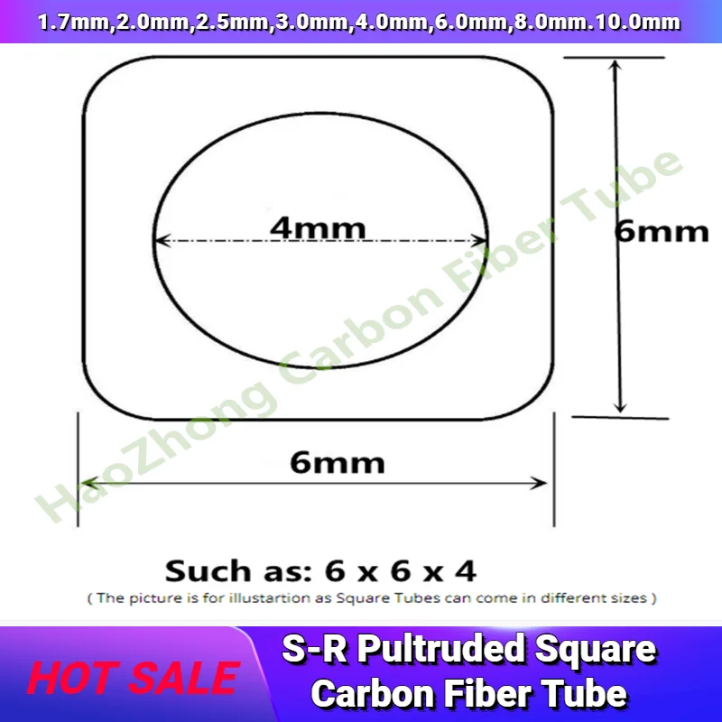 SR OD 1.7mm,2.0mm,2.5mm,3.0mm,4.0mm,6.0mm,8.0mm.10.0mm 500mm length S-R Pultruded Square Carbon Fiber Tube