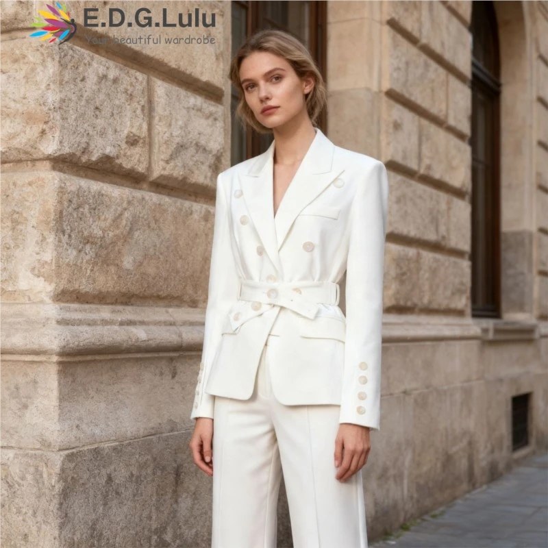 EDGLuLu  Turn-Down Collar Irregular Multiple Buttons New Coats And Jackets Office Lady White Blazer+Belt 2025 Autumn Winter 1114