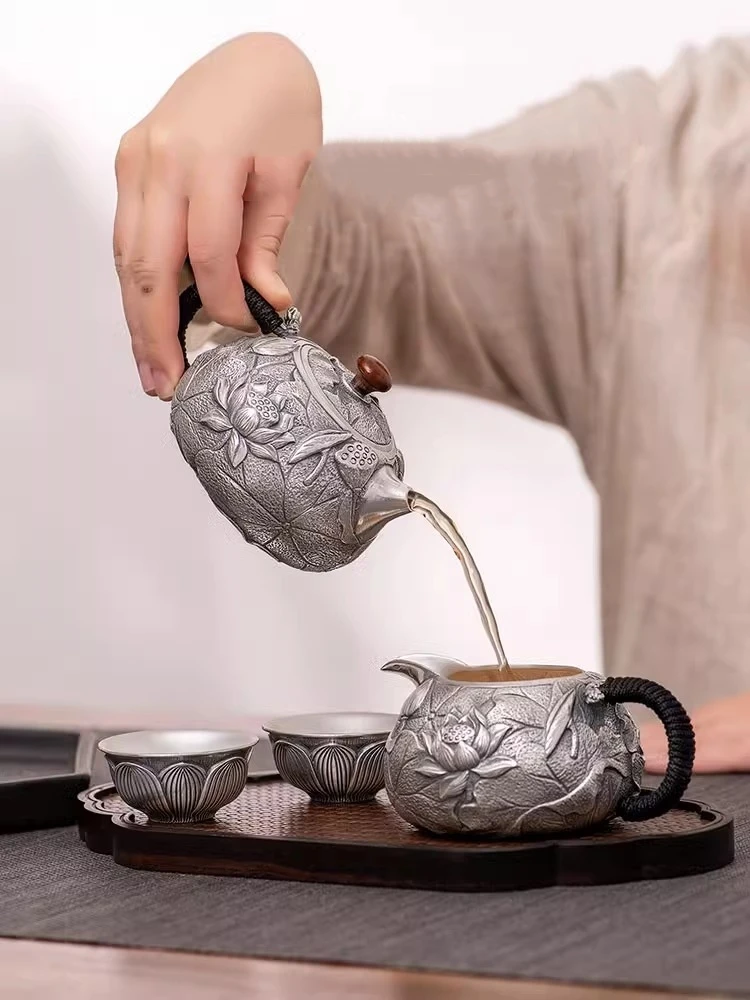 

Чайник из чистого серебра 99,9%, бытовая чайная церемония, лотос, китайский подарок ручной работы, серебряный чайный сервиз кунг-фу