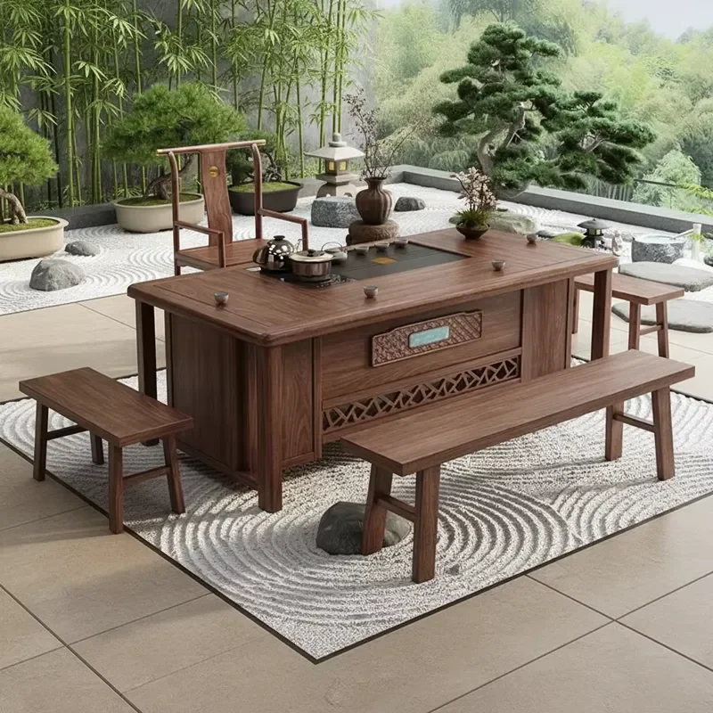 for Shun Coffee Table with Chair Combination New Chinese Walnut Solid Wood Customizable for Office and Home Use