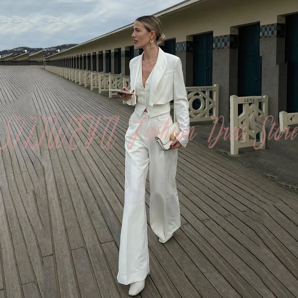 White Pants Suit Woman Luxury 3 Pieces Blazer Set Short Jacket Smart Casual Office Commute Female Suit Conjuntos De Pantalones