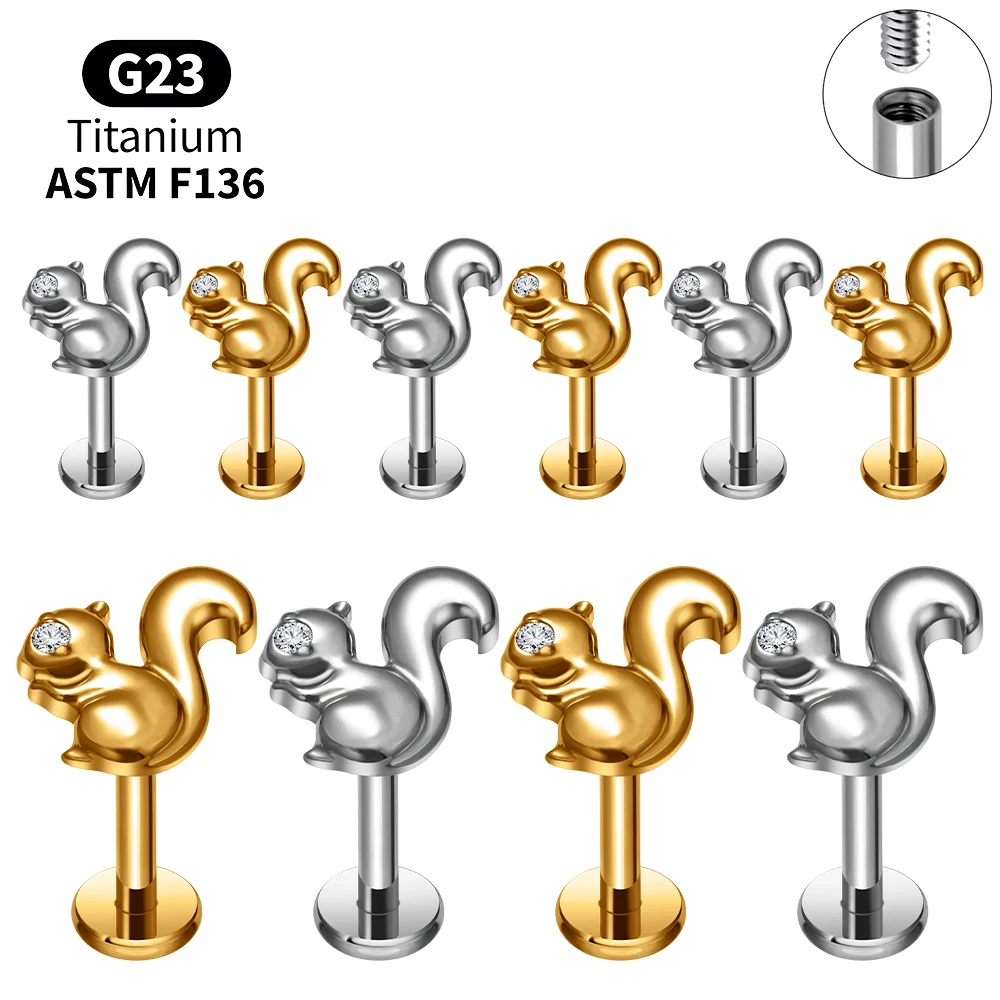 Cute Squirrel G23 Titanium Internal Thread Labret Stud Tiny Minimalist Lip Ring Cartilage Tragus Helix Lobe Ear Piercing Jewelry