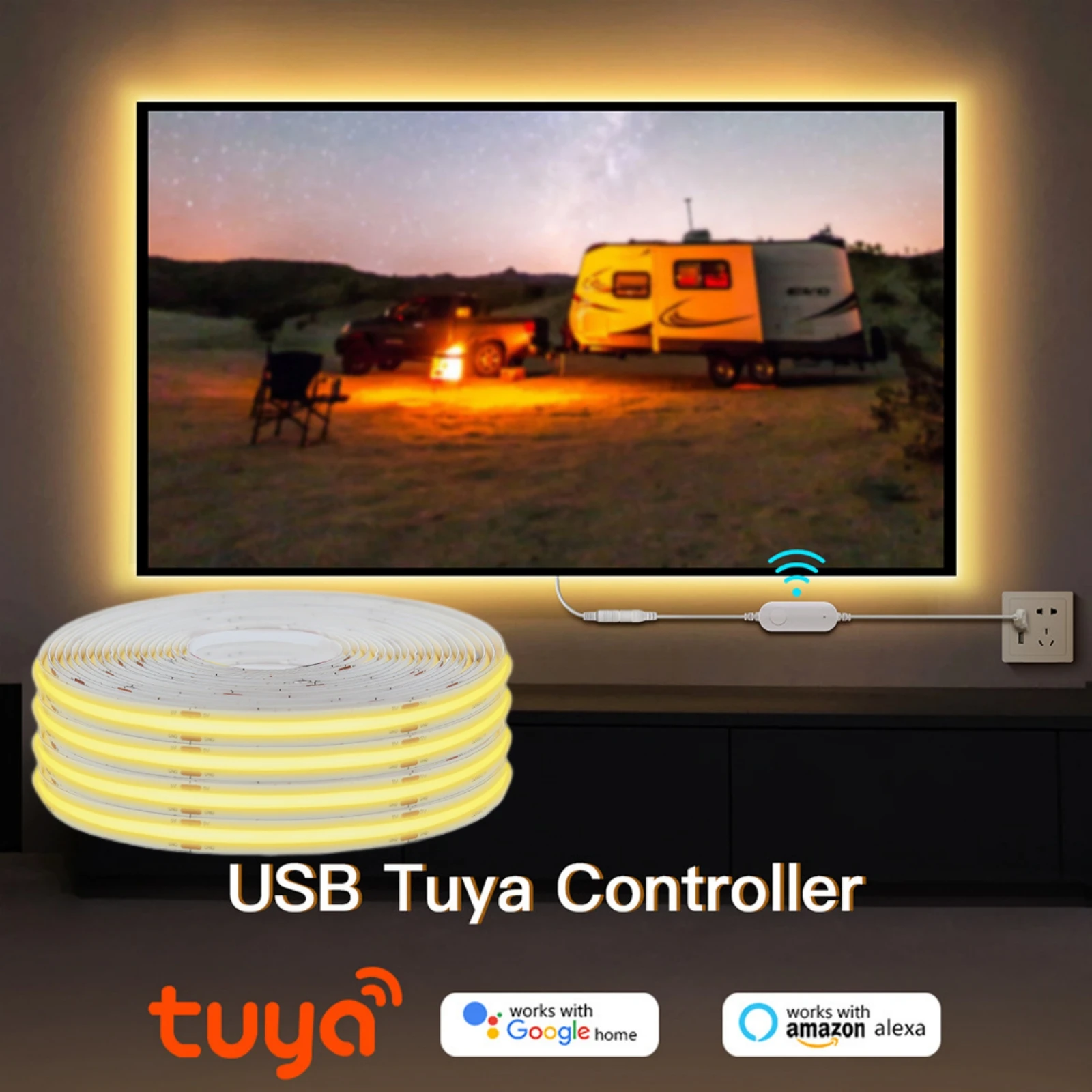 Tuya WiFi COB LED Strip Tuya Smart Life APP Control Dimmable LED Strip Light 5V USB 320LEDs Linear Light Wall Kitchen Cabinet