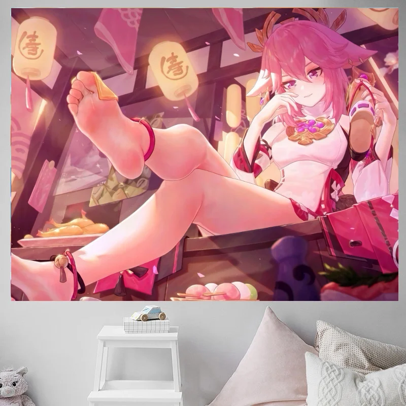 VIKAMA Niedliche Ästhetische Anime-Mädchen Wandteppich Kawaii Manga Wandbehang Schlafzimmer Wohnheim Heimdekoration – Detail 1