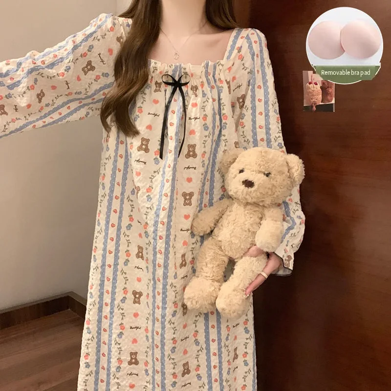 

Female Women Trend Sleeping Skirt Spring Autumn Long Sleeve Nightgown Pajama Casual Nightdress Loose Home Clothe Dress New Style