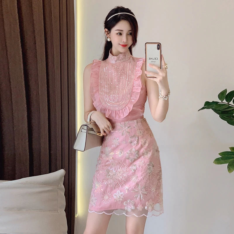 

Luxury 2 Piece Sets Women Summer High Quality Stand Collar Sleeveless Pink Sequins Embroidery Ruffles Tops+Mini Skirts Suits