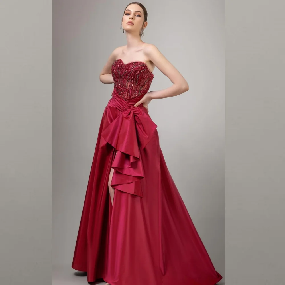 

Satin Bow Sequined Birthday A-line Sweetheart Bespoke Occasion Gown Long Dresses