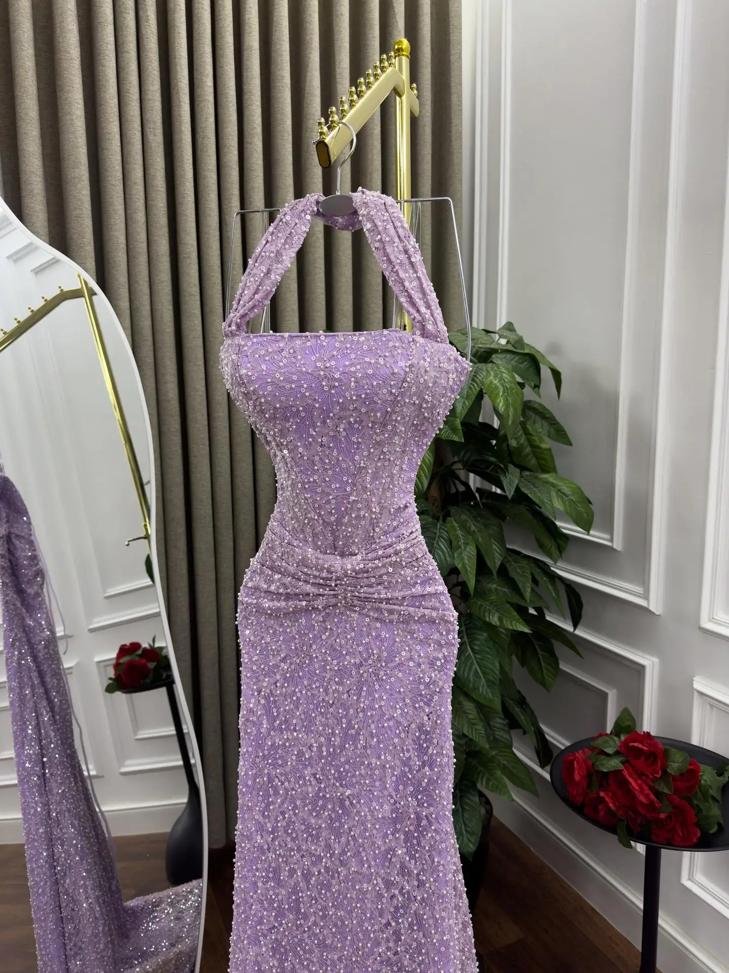 MisShow élégant licou sirène robe de soirée dentelle perles plissé taille pansement dos robes de bal gaine Train vestidos de fiesta