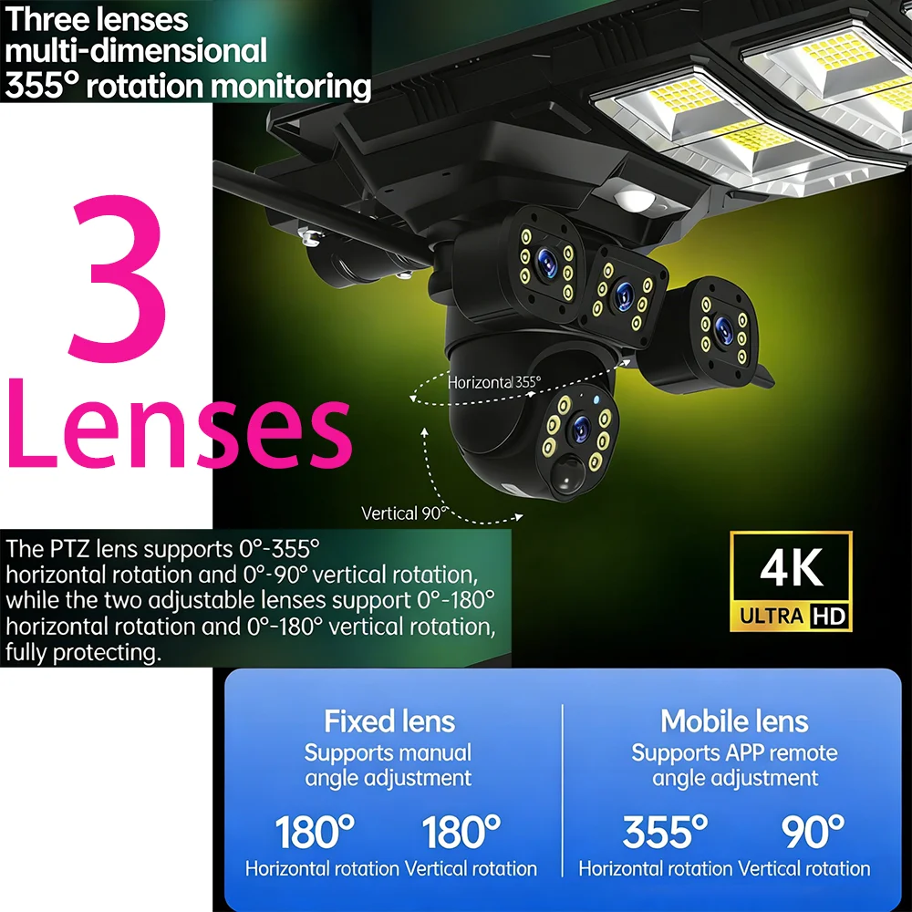 Outdoor 3 Lens WiFi Solar Surveillance Camera Street Lights 40000mAh Battery 3 Light Modes Motion Sensor Remote Control IP Cam